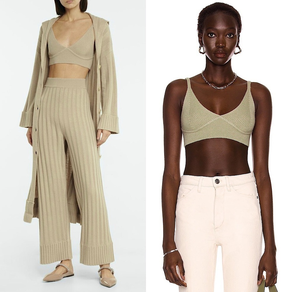 NWT JONATHAN SIMKHAI Sage Wool Cashmere Rib Knit Sleeveless Bralette Crop Top S